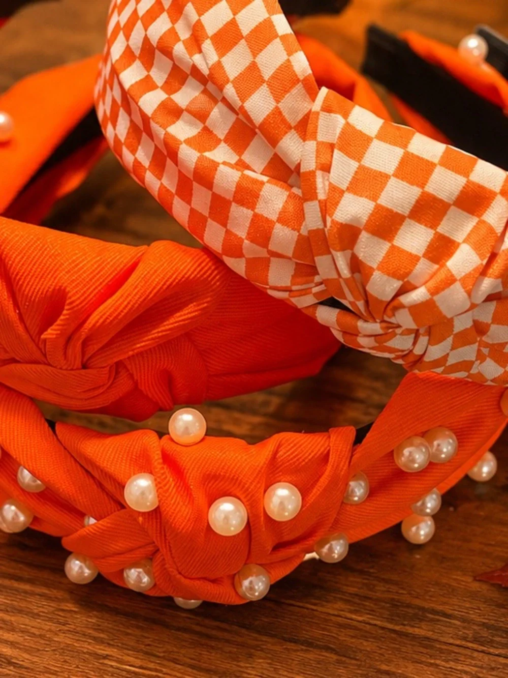 Orange Pearl & Checkered Knotted Headband Set